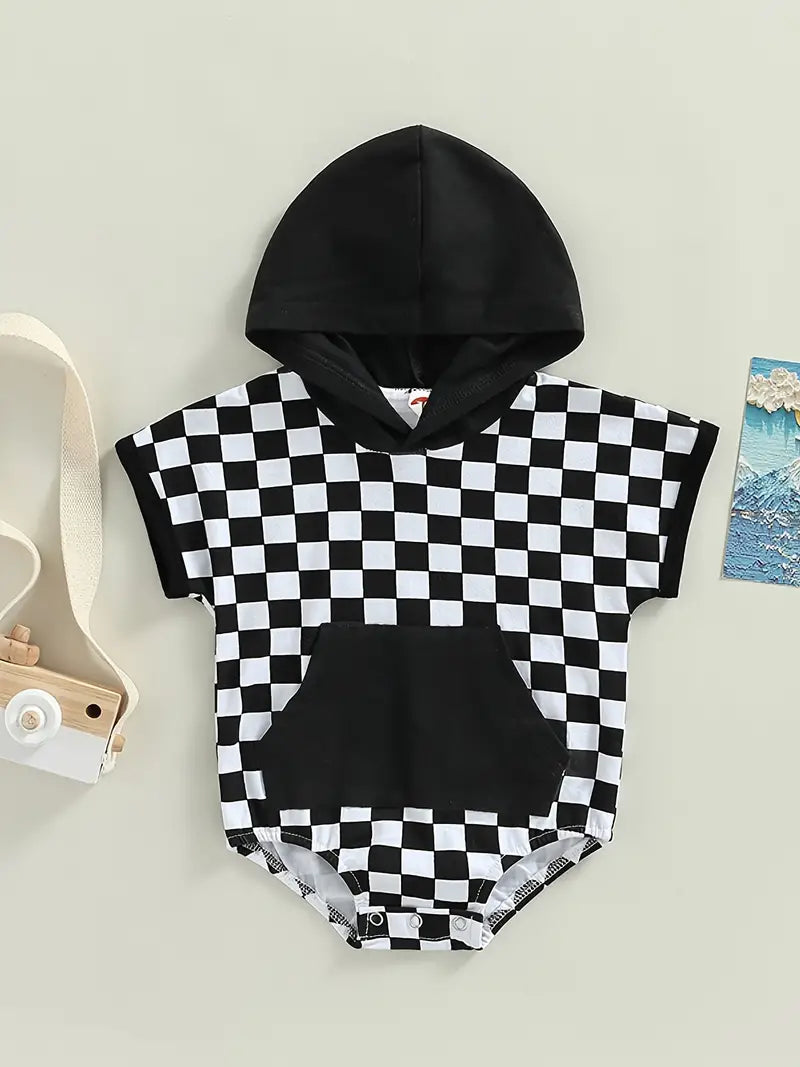 Sweatshirt Hooded Onesie Short Sleeve Plaid Bodysuit