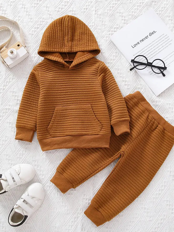 2pcs Baby Boy/Girl Thickened Hoodie and Trouser Set Brown