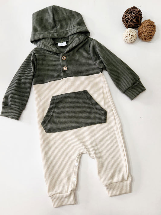 Waffle Long-sleeve Hooded Baby Jumpsuit - Army green