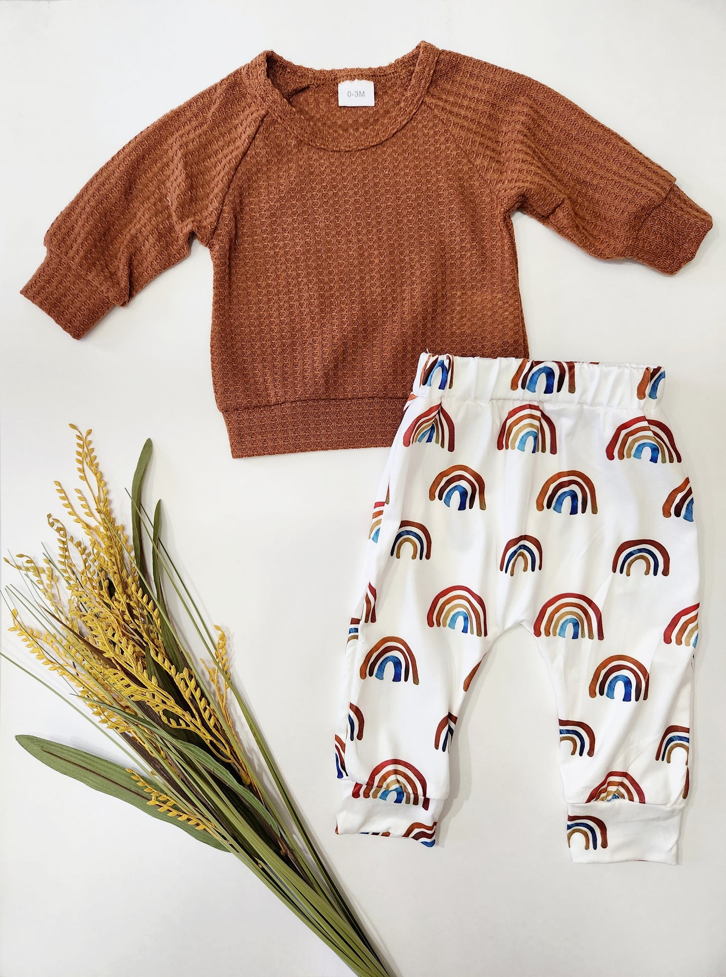 2pcs Rainbow Print Waffle Long-sleeve Baby Set