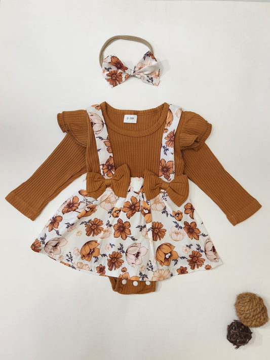 2pcs Ribbed Floral Splicing Ruffle Long sleeve Baby Set  - Coffee
