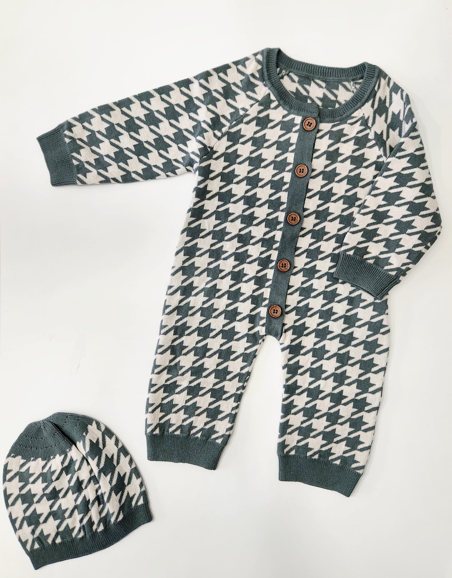 Houndstooth Knit Long Sleeve Button Jumpsuit & Hat