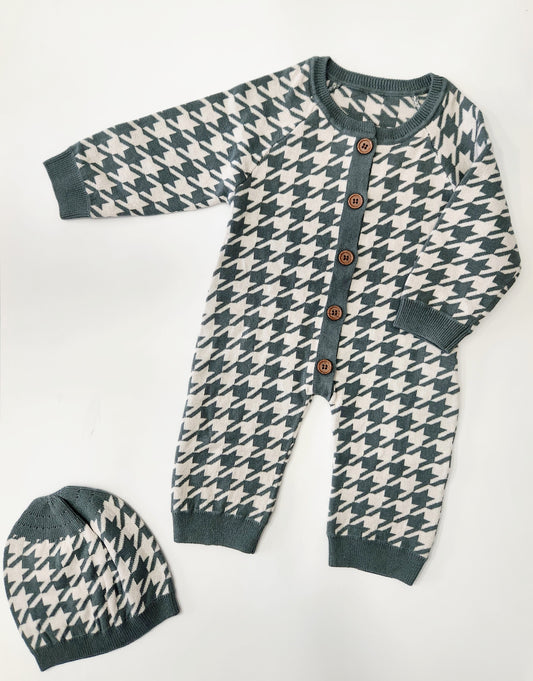 Houndstooth Knit Long Sleeve Button Jumpsuit & Hat