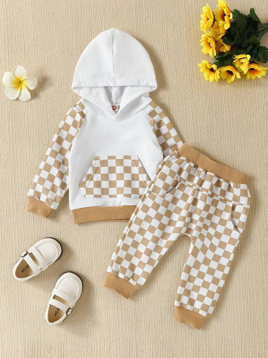 2pcs Hoodie Long Sleeve Plaid Print Sweatshirt Top & Pants Set