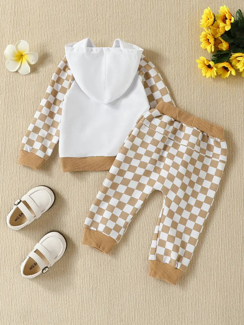 2pcs Hoodie Long Sleeve Plaid Print Sweatshirt Top & Pants Set