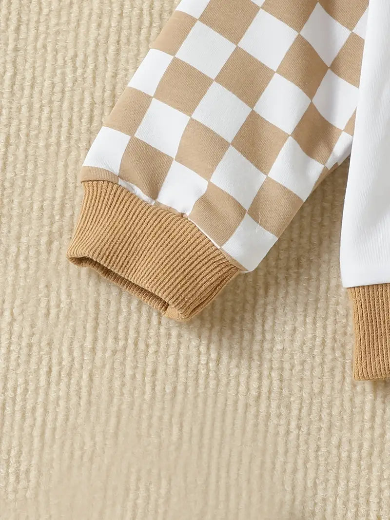 2pcs Hoodie Long Sleeve Plaid Print Sweatshirt Top & Pants Set