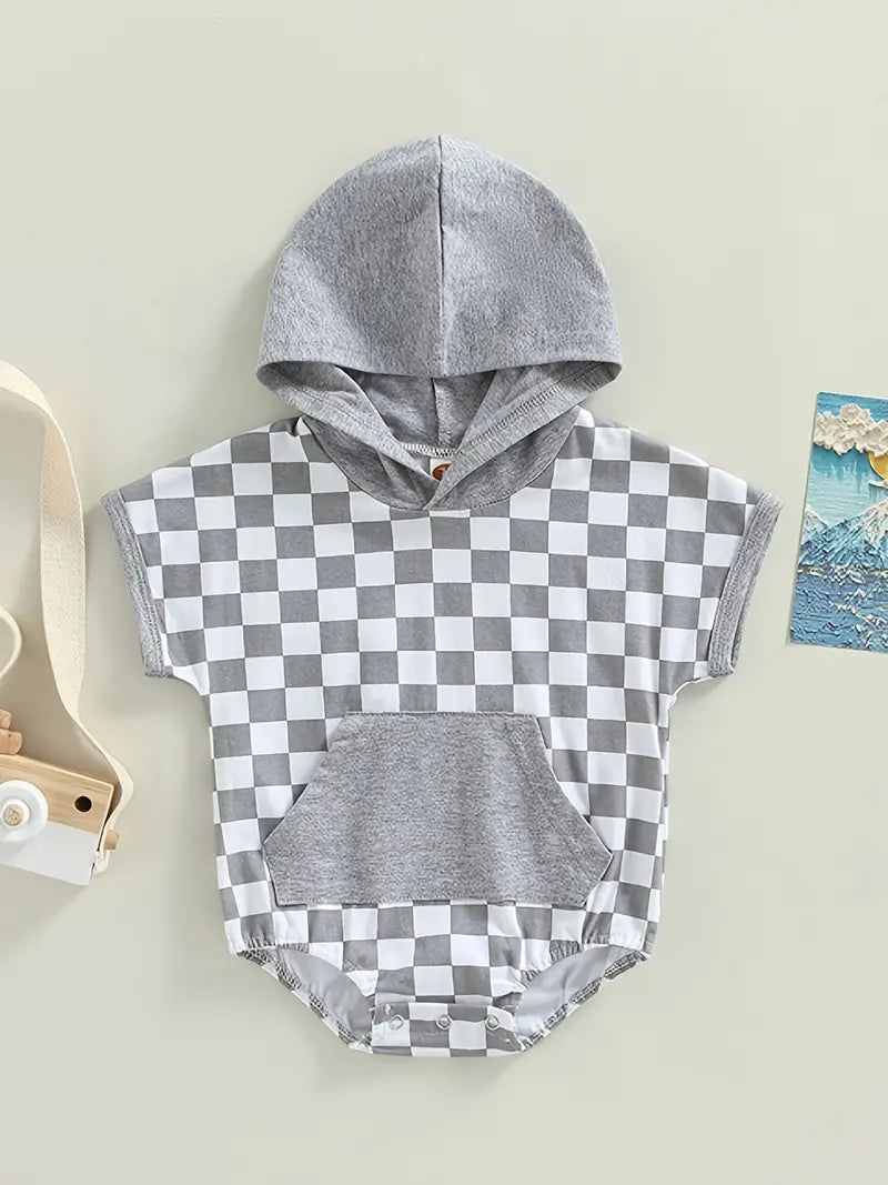 Sweatshirt Hooded Onesie Short Sleeve Plaid Bodysuit
