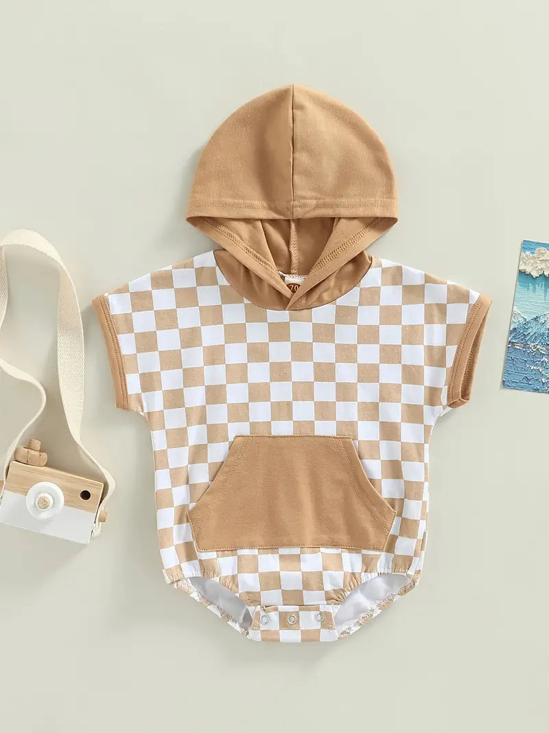 Sweatshirt Hooded Onesie Short Sleeve Plaid Bodysuit